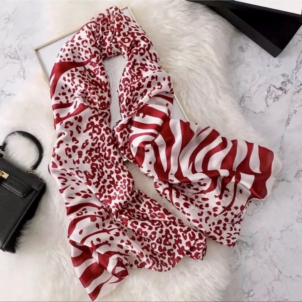 Red and White Animal Print silk Scarf